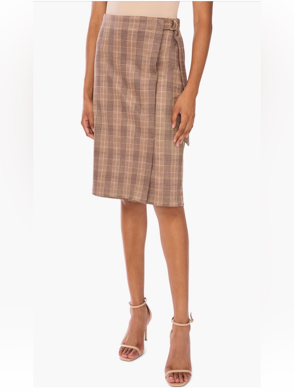 Ted Baker London Cream & Brown Plaid Pencil Skirt with Faux Wrap • Size XL • NWT